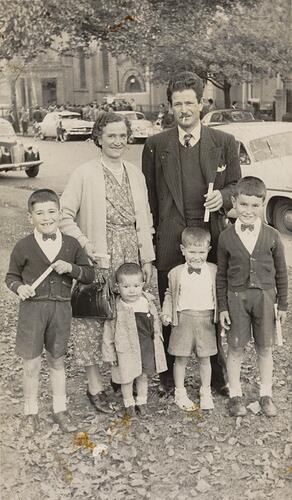 Digital Photograph - Mother, Father, Four Sons, opposite Greek Orthodox Church, Victoria Street, East Melbourne, 1956