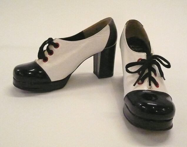 Shoes - Prue Acton, Margaret Style, White Leather and Black Patent Leather, 1972