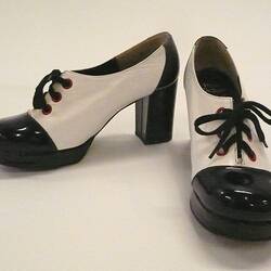 Shoes - Prue Acton, Margaret Style, Lace-up, White Leather & Black Patent Leather, 1972