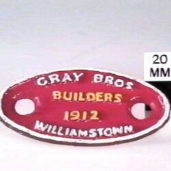 Rollingstock Builders Plate - Gray Bros, Williamstown, 1912