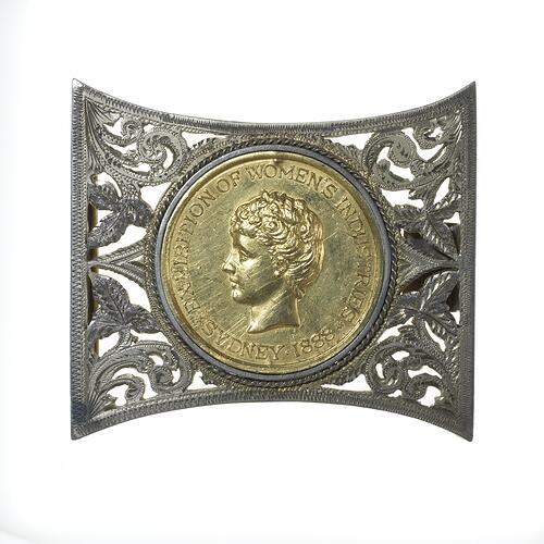 Medal - Women's Industries Prize set in belt buckle, 1888 (Head of Woman side)