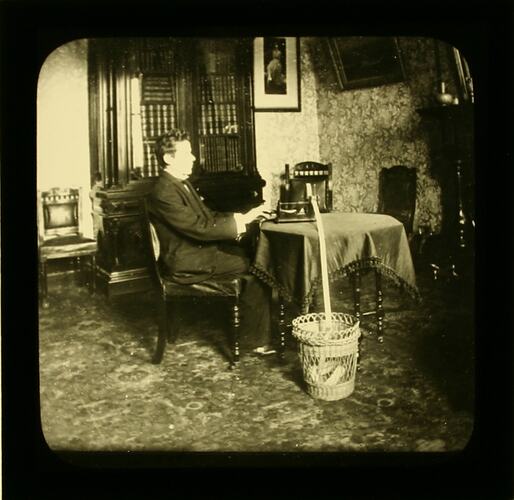 Lantern Slide - Royal Victorian Institute for the Blind, Man Using Braille Machine, circa 1900