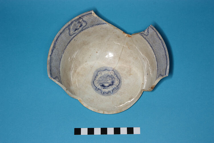Medium Bowl - Whiteware, Blue transfer-printed, Scenic pattern,1805- (Fragment, Flawed)