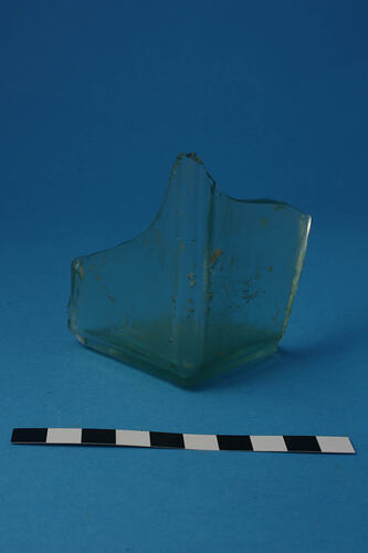 Pickle/Chutney Bottle - Glass - green, Light Green, Moulded, Raised panels,1842-1883 (Fragment)