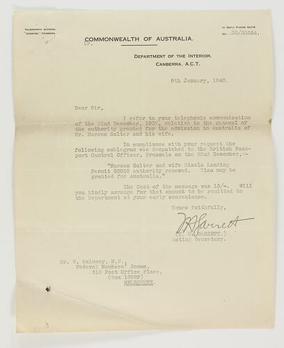 Letter - Commonwealth of Australia to Dr. W. Maloney, 9th Jan 1940