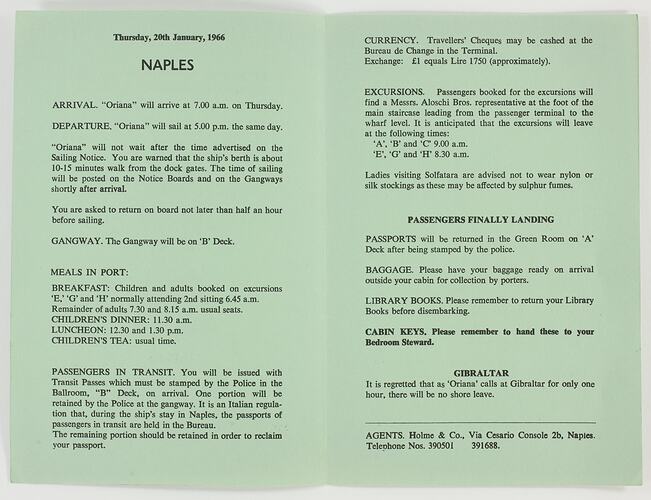 Leaflet - Naples, P&O Orient Line 'Oriana' Port of Call, Australia to England, 1965