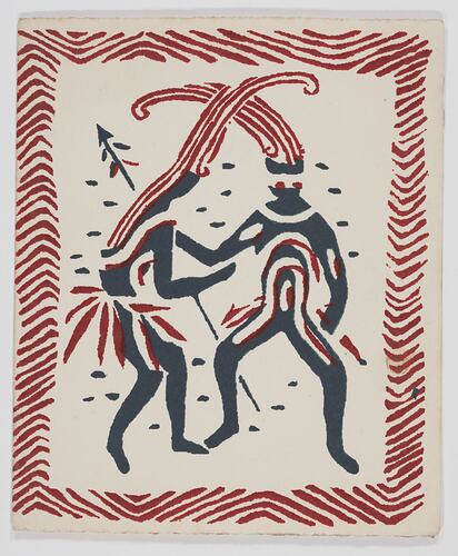 Greeting Card - Human Figures With Headdresses & Spear, Maroon & Blue, No.0052, circa 1949-1955