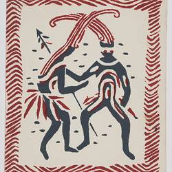 Greeting Card - Human Figures With Headdresses & Spear, Maroon & Blue, No.0052, circa 1949-1955