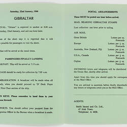 Leaflet - Gibraltar, P&O Orient Line 'Oriana' Port of Call, Australia to England, 1965
