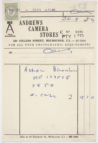 Receipt - Andrews Camera Stores, Melbourne, 1959