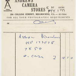 Receipt - Issued to G Toth, Andrews Camera Stores, 26 Sep 1959