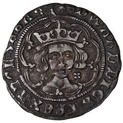 Coin, round, crowned bust of the King facing within a tressure of nine arches; text around.