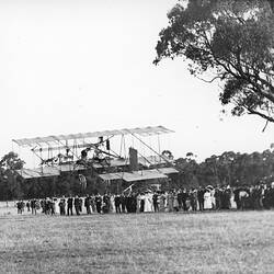 Negative - Duigan Biplane Taking Off in Front of a Crowd at Bendigo Racecourse, Victoria, 3 May 1911