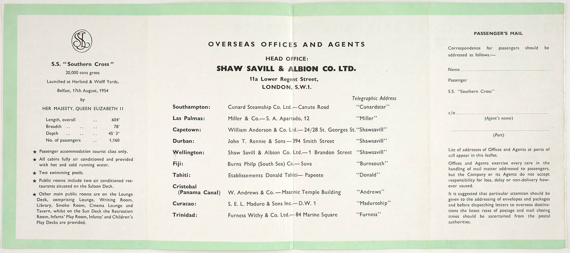 Sailing Schedule - SS Southern Cross, Shaw Savill Line, 1955-56