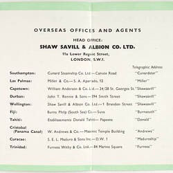 Sailing Schedule - SS Southern Cross, Shaw Savill Line, 1955-56