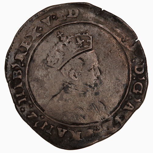 Coin, round, Crowned bust of King, wearing an embroidered doublet, facing right within a circle; text around.