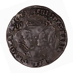 Coin, round, Busts of man and woman face to face below a crown that divides the date 1555; text around.