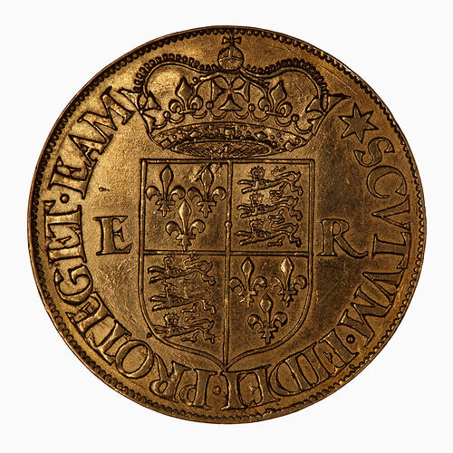 Coin, round, A crowned plain, square topped shield quartered with the arms of France and England.