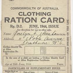 Ration Card - Clothing, Issued to Jocelyn Maclaurin, Commonwealth of Australia, Jun 1944