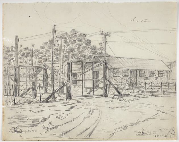 Drawing - Camp Grounds, Tatura Interment Camp, Karl Muffler, 1942