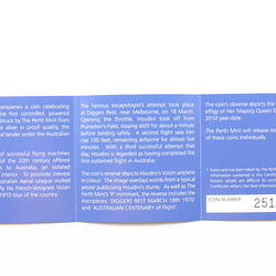 Leaflet unfolded with three panel. Blue paper with white printed text. 'Coin Number 2516'.