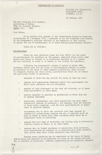 Letter - Minister for Immigration to Most Reverend G.T. Sambell, Archbishop of Perth, 18 Jan 1971