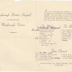 Leaflet - Obstetric List, Items for Mother to Bring to Childbirth, 1947
