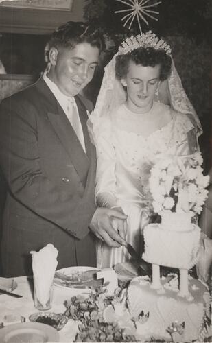 Maria Crocker McKenzie, Cutting Wedding Cake, Belgrave, 1953