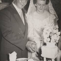 Digital Photograph - Wedding Portrait, Maria Crocker McKenzie & Husband, Cutting Wedding Cake, Belgrave, 1953