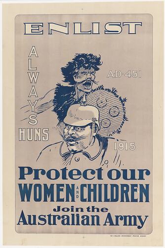 Poster - 'Always Huns / Protect our Women and Children', Australia, World War I, 1915