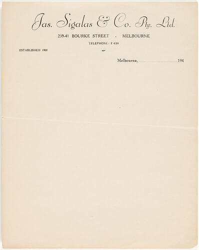 Letterhead - Jas. Sigalas & Co. Pty Ltd, Melbourne, 1940s