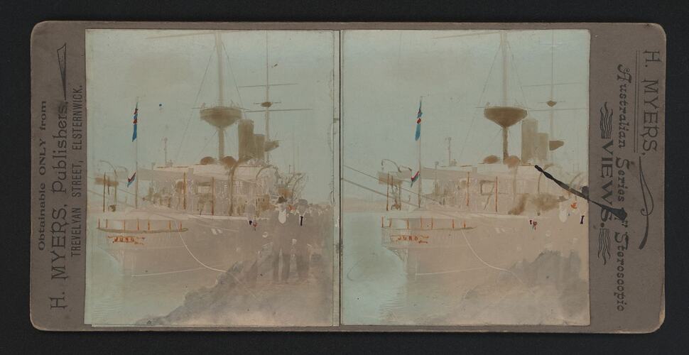Stereograph - Federation Celebrations, British Cruiser 'Juno' Berth at Railway Pier, by G.H. Myers, Melbourne, Victoria, 1901