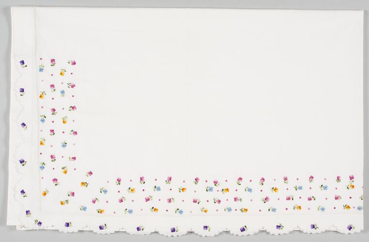 Sheet - Single Bed, White Cotton with Floral Embroidery, circa 1950s