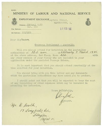 Letter - Interview Notification, Ministry of Labour & National Service to Ronald Booth, 18 Feb 1956