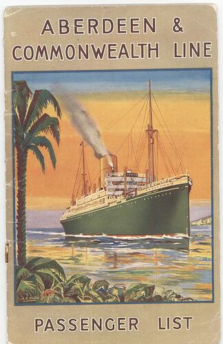 Front cover of green and white ship at sea. Orange sky behind, palm tree at left. Text above and below.