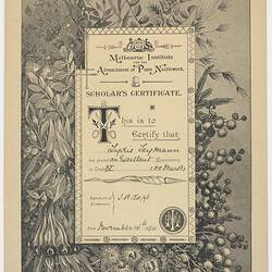 Certificate - Issued to Lydie Leymann, by Melbourne Institute for the Advancement of Plain Needlework, 14 Nov 1911