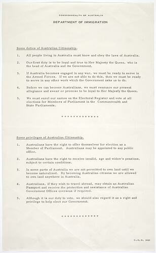 Leaflet - Department of Immigration, Duties of Australian Citizenship, circa 1950s