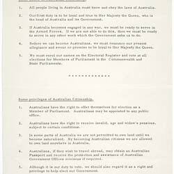 Leaflet - Department of Immigration, Duties of Australian Citizenship, circa 1950s