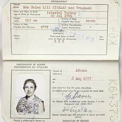 Passport - Issued to Mrs L. Sigalas, by Commonwealth of Australia, 8 Aug 1977