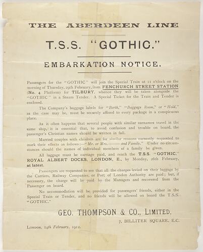 Notice - The Aberdeen Line, TSS 'Gothic' Embarkation Notice, 14 Feb 1912