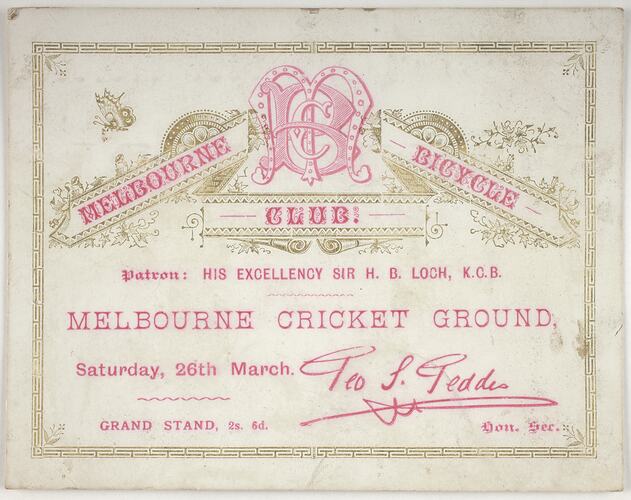 Ticket - Austral Wheel Race, Melbourne Cricket Club Grand Stand, 26 Mar 1887