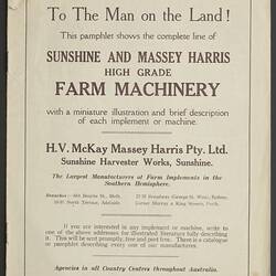 Product Catalogue - H.V. McKay Massey Harris, 'Sunshine & Massey Harris Farm Machinery', Victoria, 1935