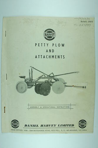 User Manual - Daniel Harvey, 'Petty' Disc Plough & Attachments, circa 1950