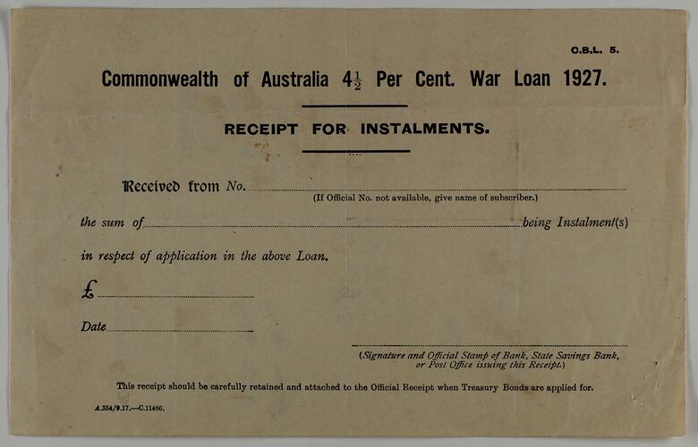 Receipt - Instalments, 'Commonwealth of Australia 4 ½ per Cent War Loan', State Savings Bank, 1927