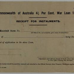 Receipt - Instalments, Commonwealth of Australia 4 ½ per Cent War Loan, State Savings Bank, 1927