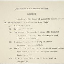 Leaflet - Application for British Passport, Department of Immigration, 1950s