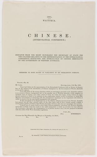 Parliamentary Paper - Chinese Intercolonial Conference, Government of Victoria