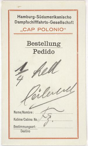 Ship Cabin Card - 'Cap Polonio', Karl Muffler, 1926
