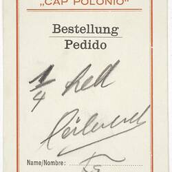 Ship Cabin Card - 'Cap Polonio', Karl Muffler, 1926