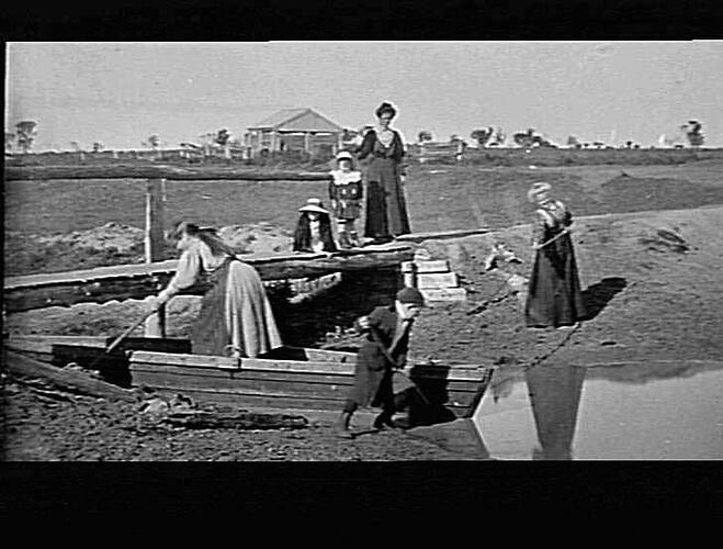 [Building irrigation channels was family work, Merrigum, near Shepparton, about 1910s or 1920s.]